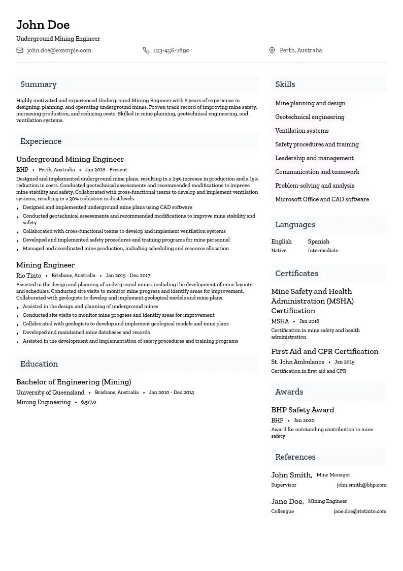 Underground Mining Engineer resume example