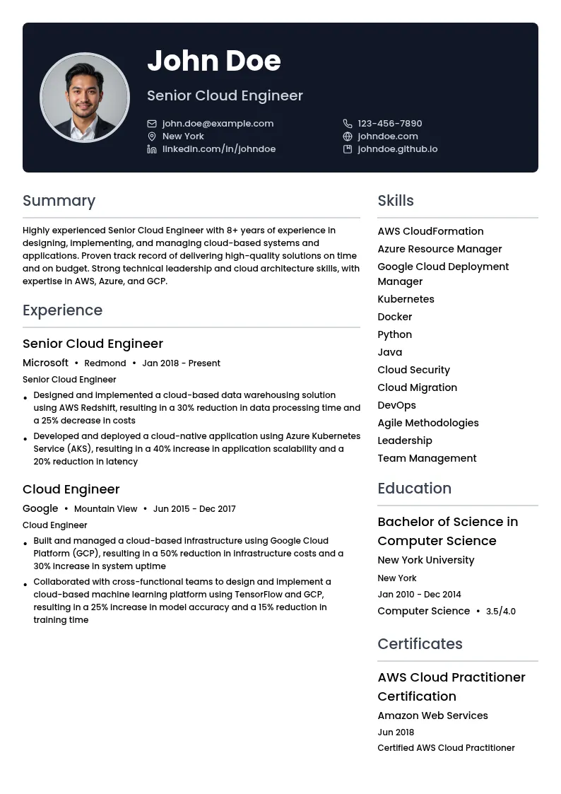 Senior Cloud Engineer resume example