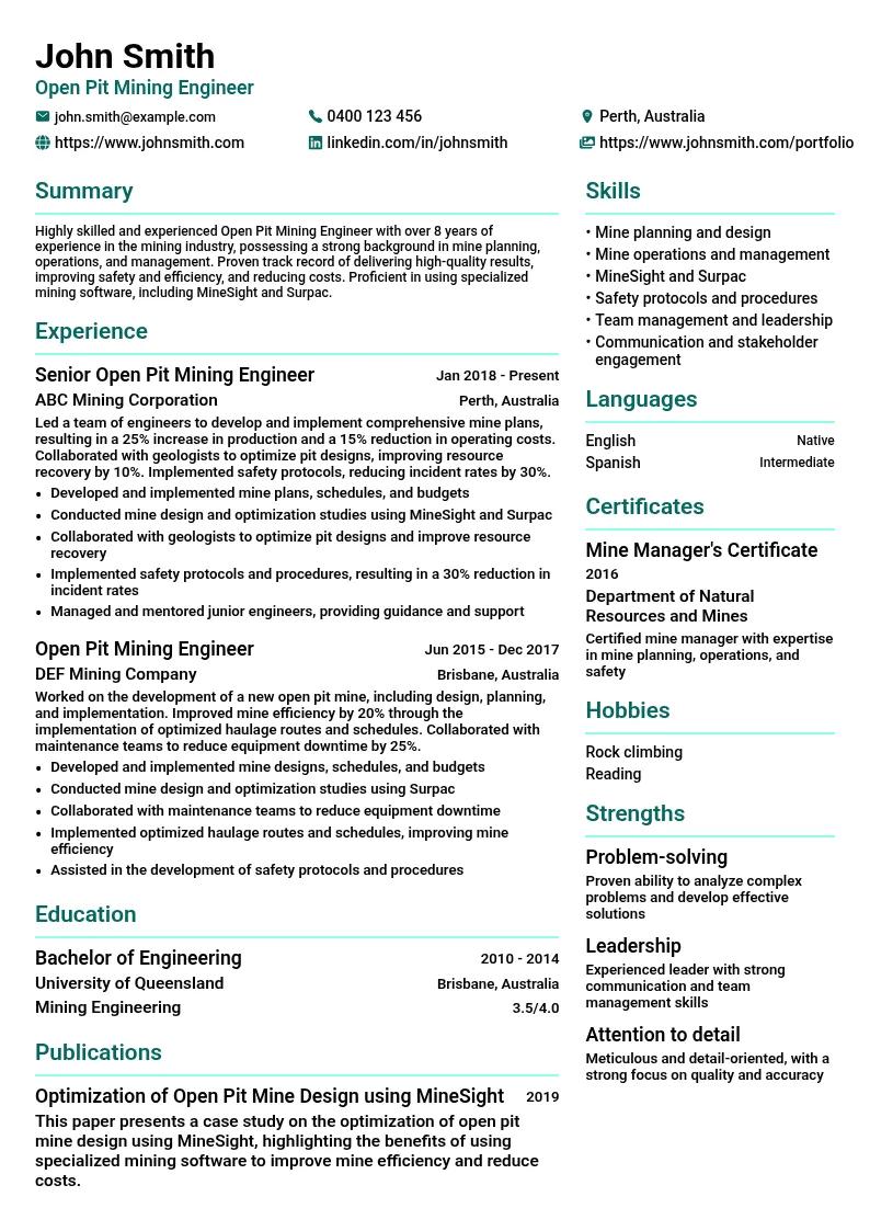 Open Pit Mining Engineer resume example