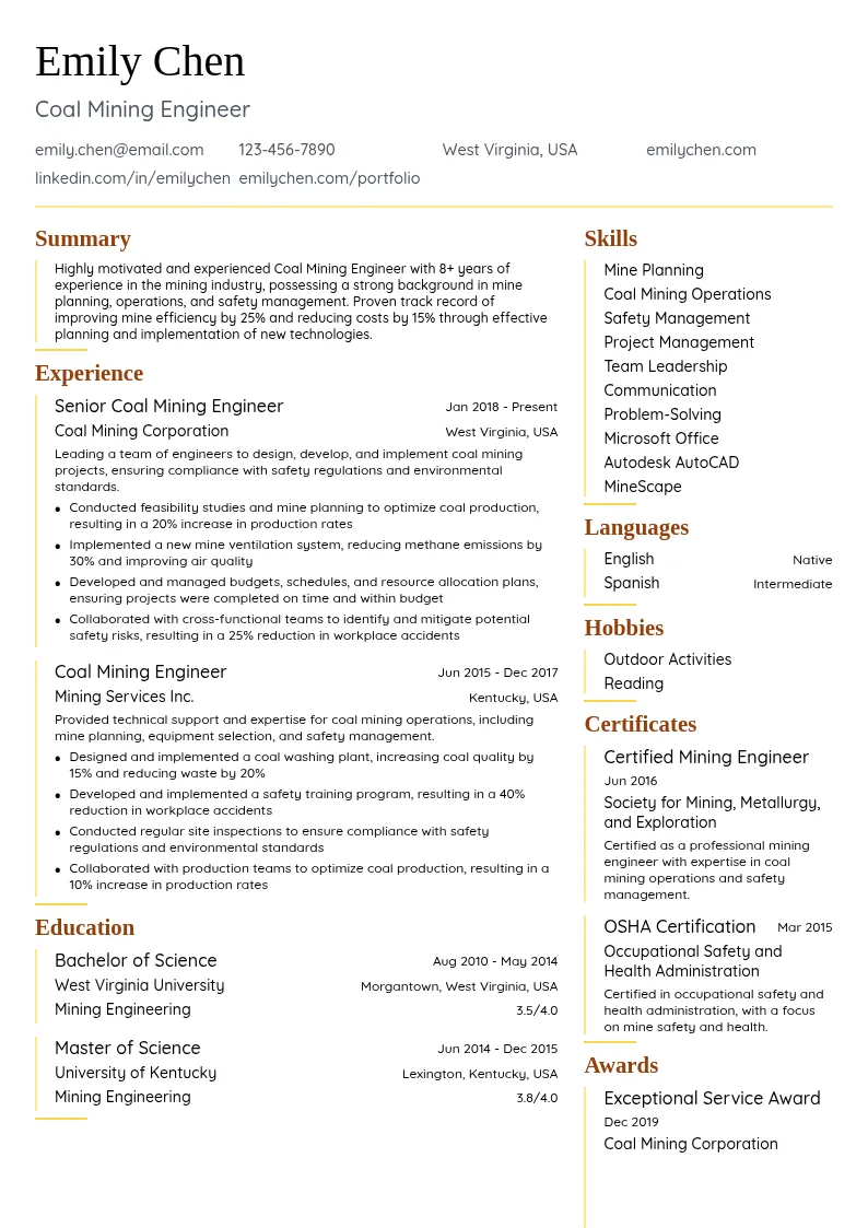 Coal Mining Engineer resume example