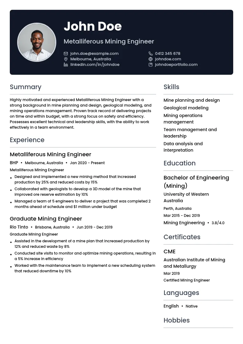 Metalliferous Mining Engineer resume example