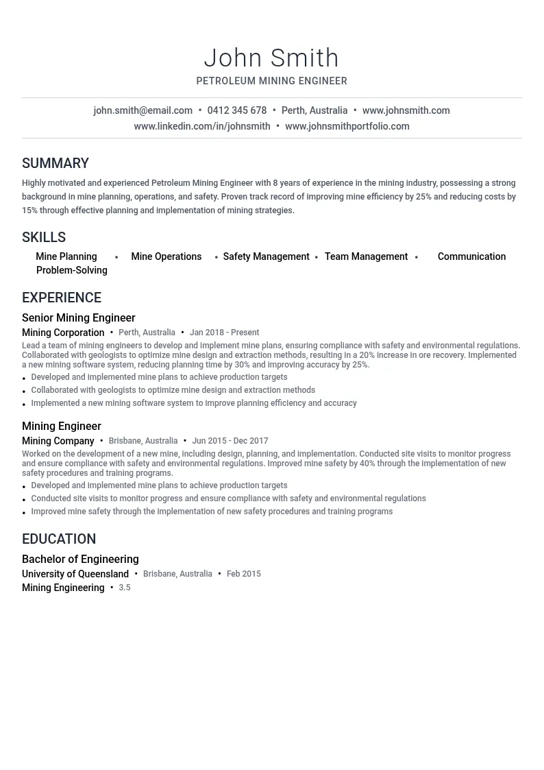Petroleum Mining Engineer resume example