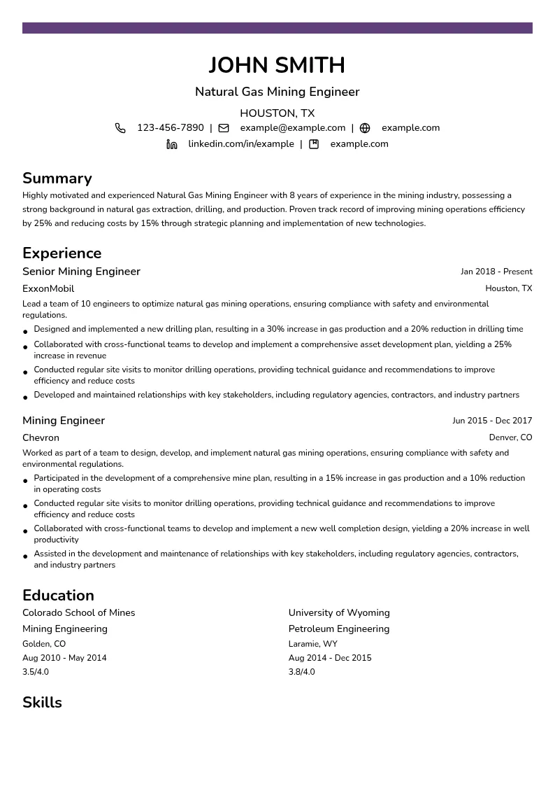 Natural Gas Mining Engineer resume example