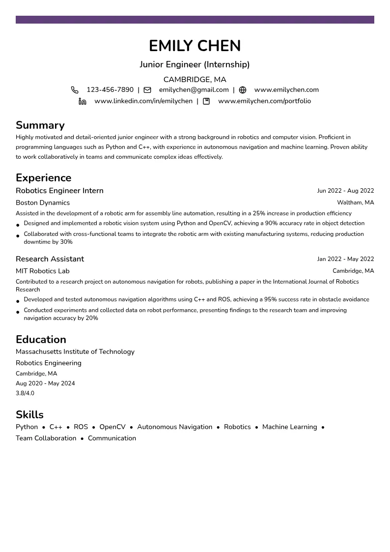 Junior Engineer (Internship) resume example