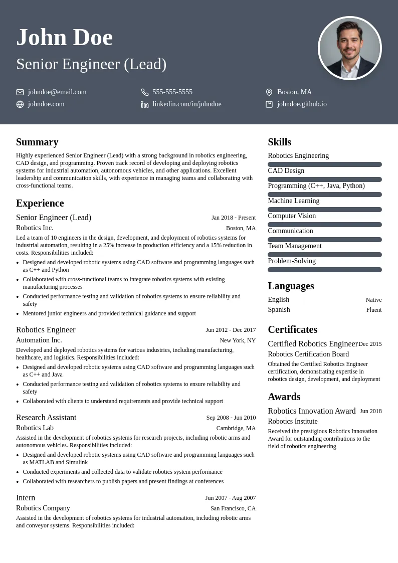 Senior Engineer (Lead) resume example