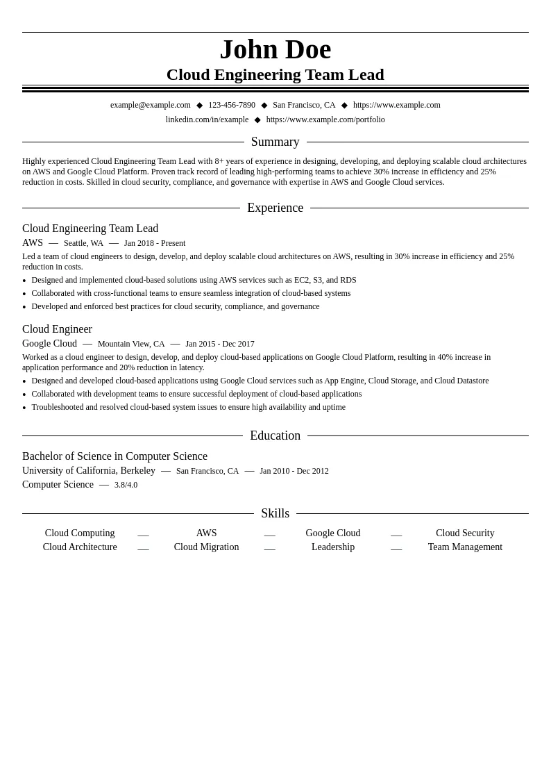 Cloud Engineering Team Lead resume example