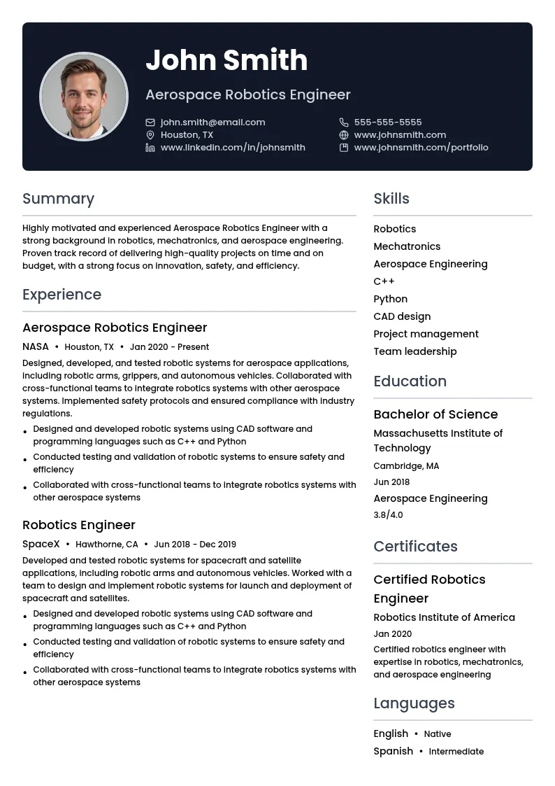 Aerospace Robotics Engineer resume example