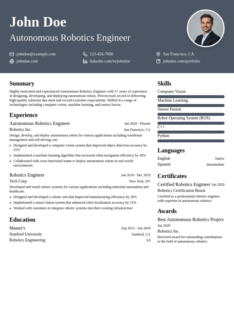 Autonomous Robotics Engineer resume example