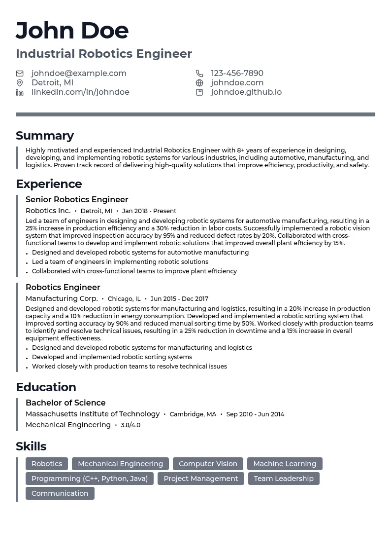 Industrial Robotics Engineer resume example