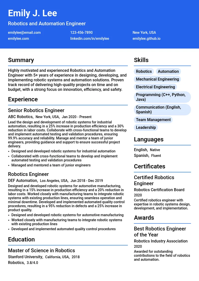 Robotics and Automation Engineer resume example