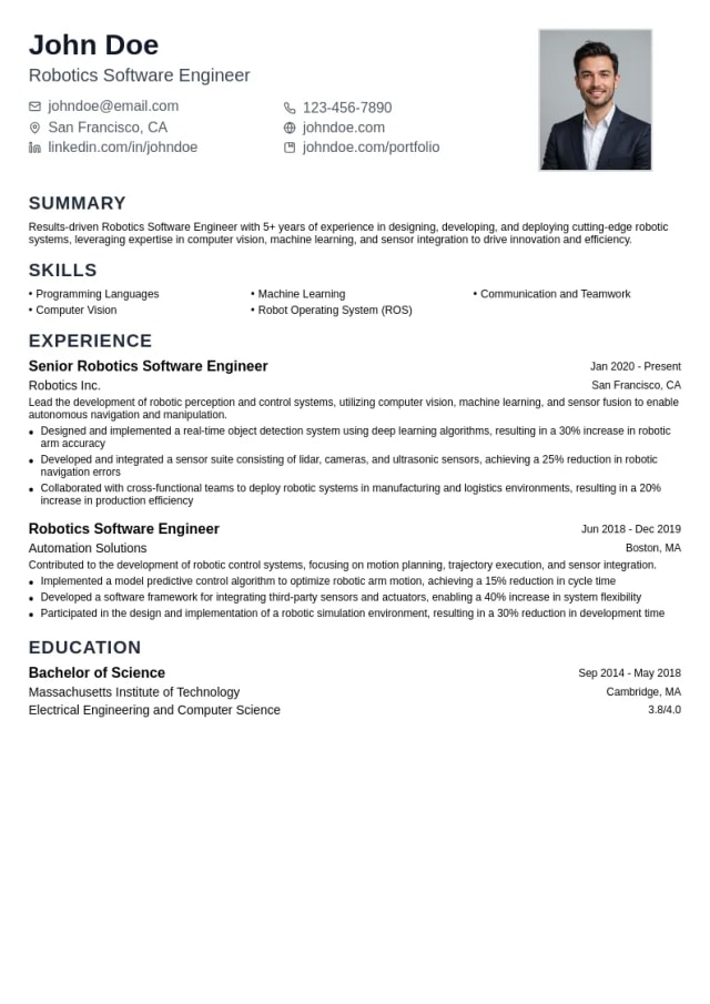 Robotics Software Engineer resume example