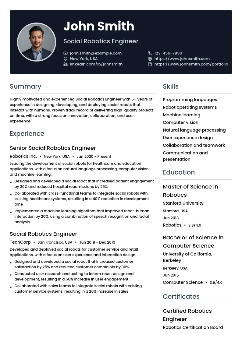 Social Robotics Engineer resume example