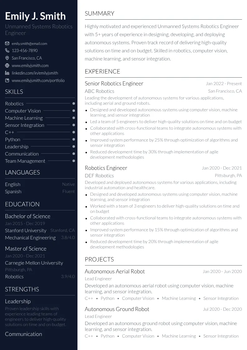 Unmanned Systems Robotics Engineer resume example