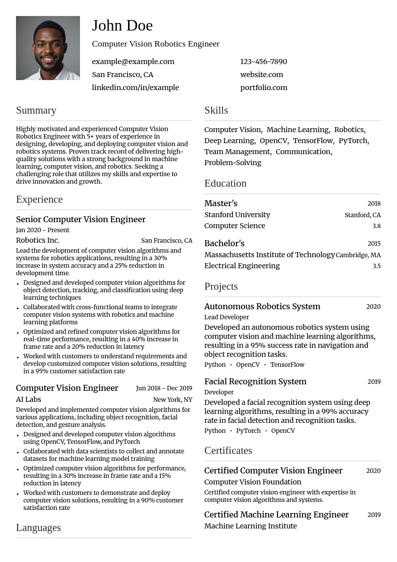 Computer Vision Robotics Engineer resume example