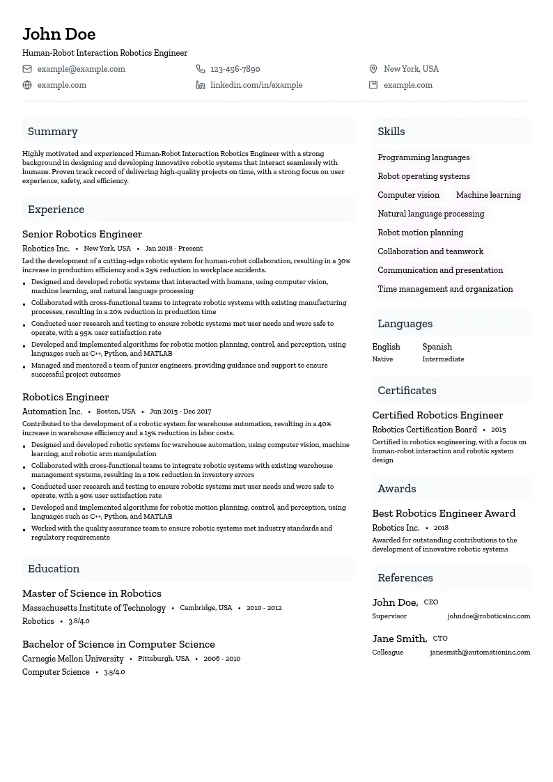 Human-Robot Interaction Robotics Engineer resume example