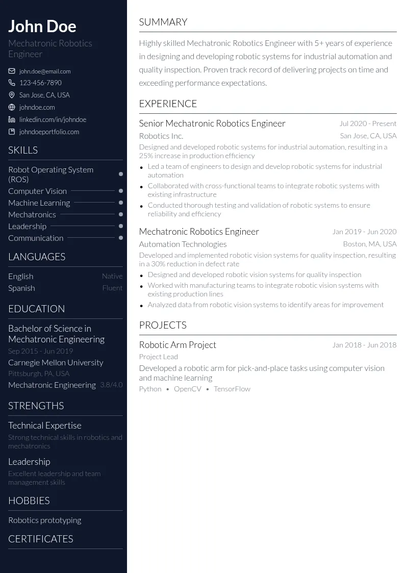 Mechatronic Robotics Engineer resume example