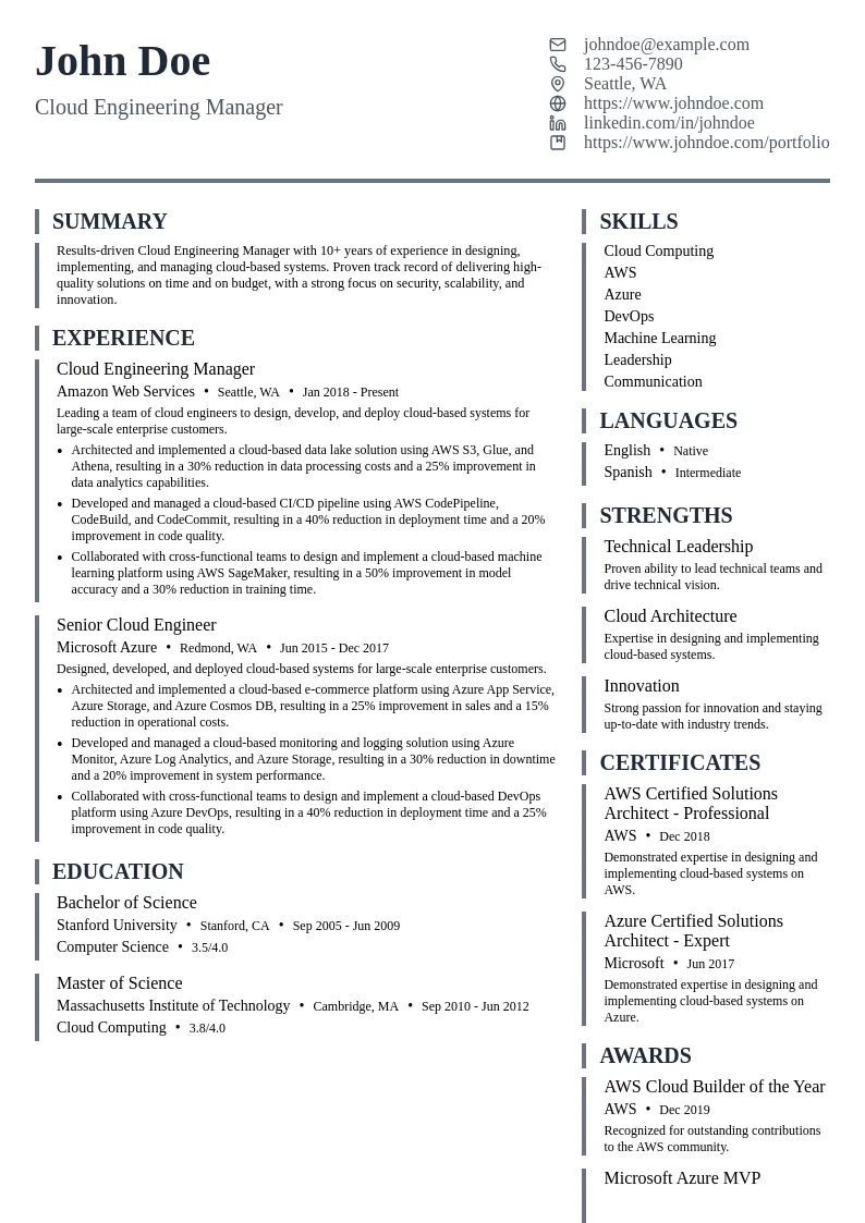 Cloud Engineering Manager resume example