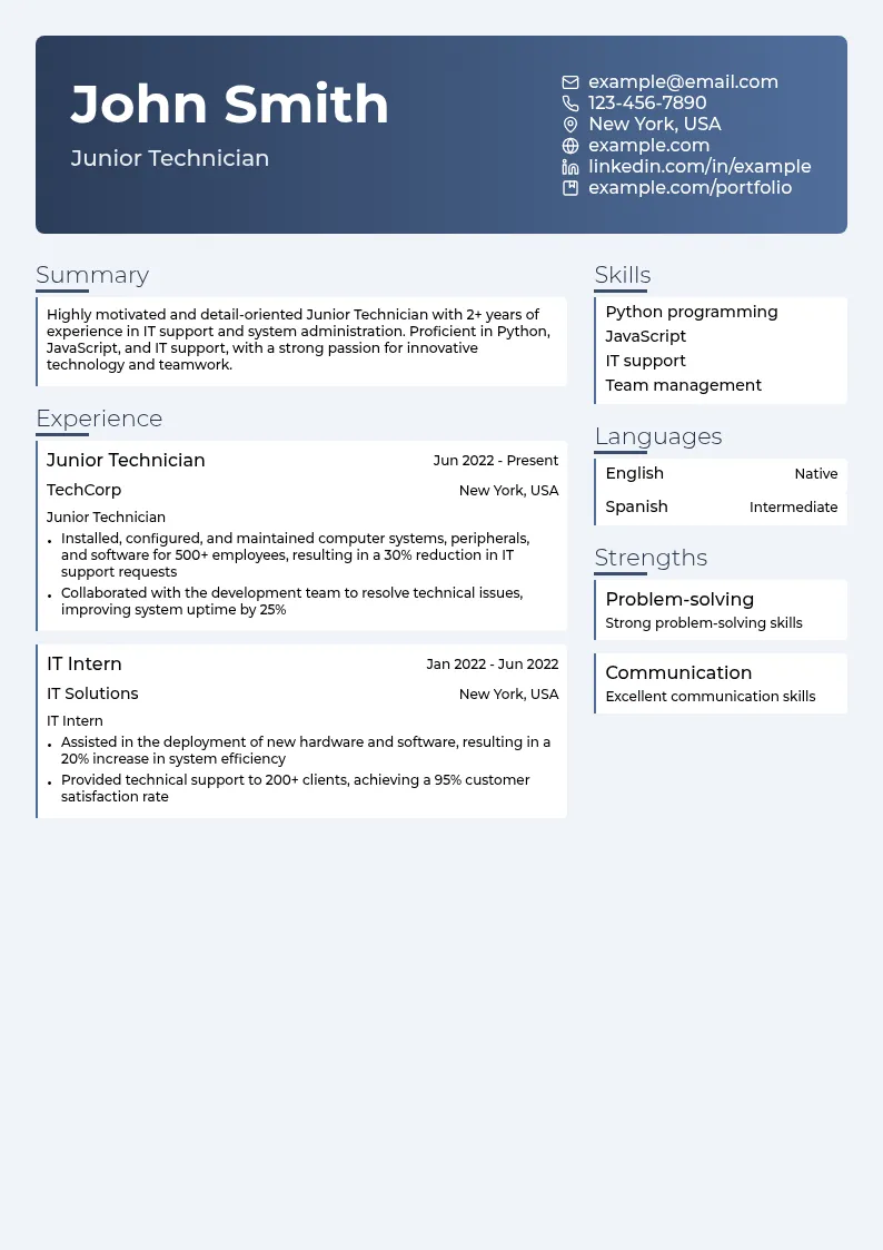 Junior Technician resume example