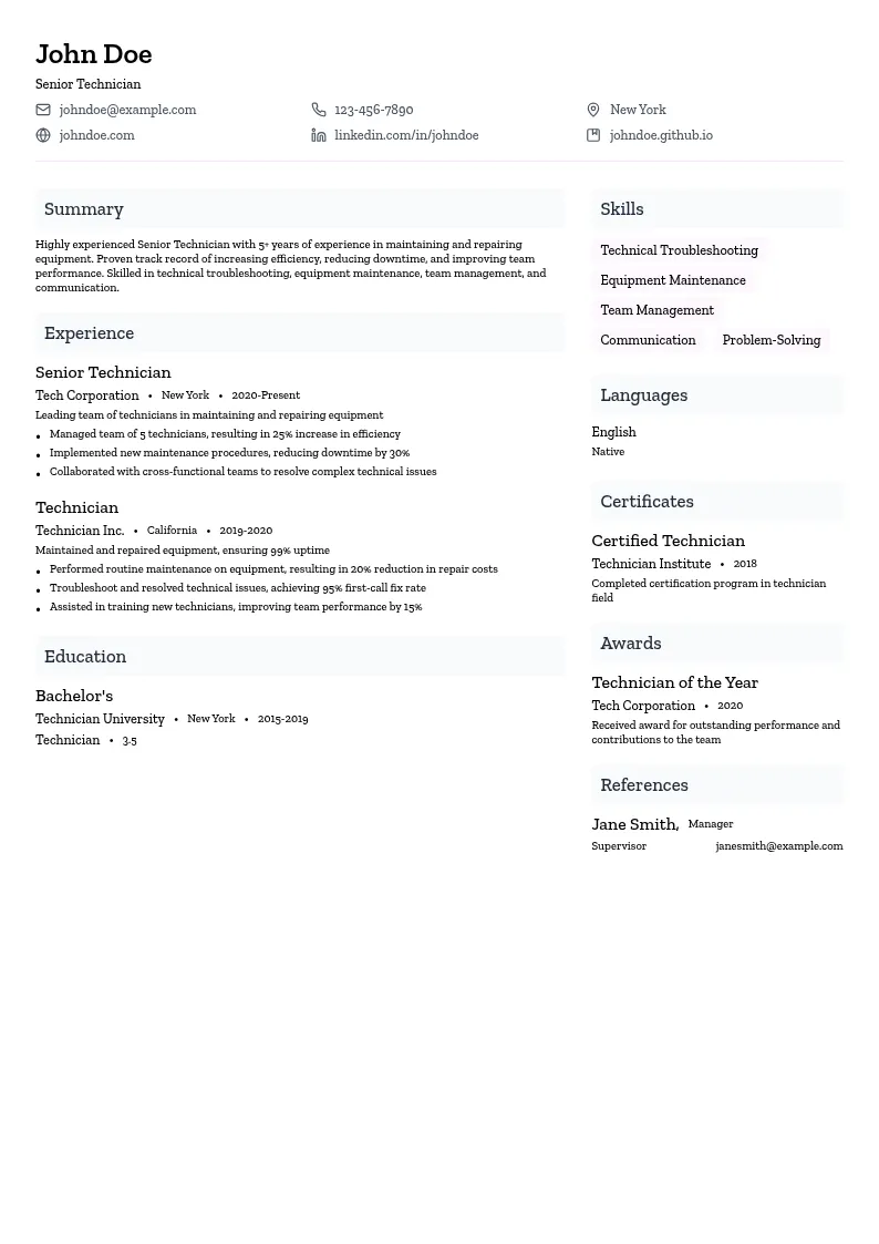 Senior Technician resume example