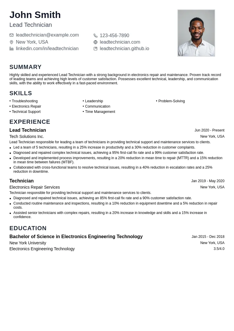 Lead Technician resume example