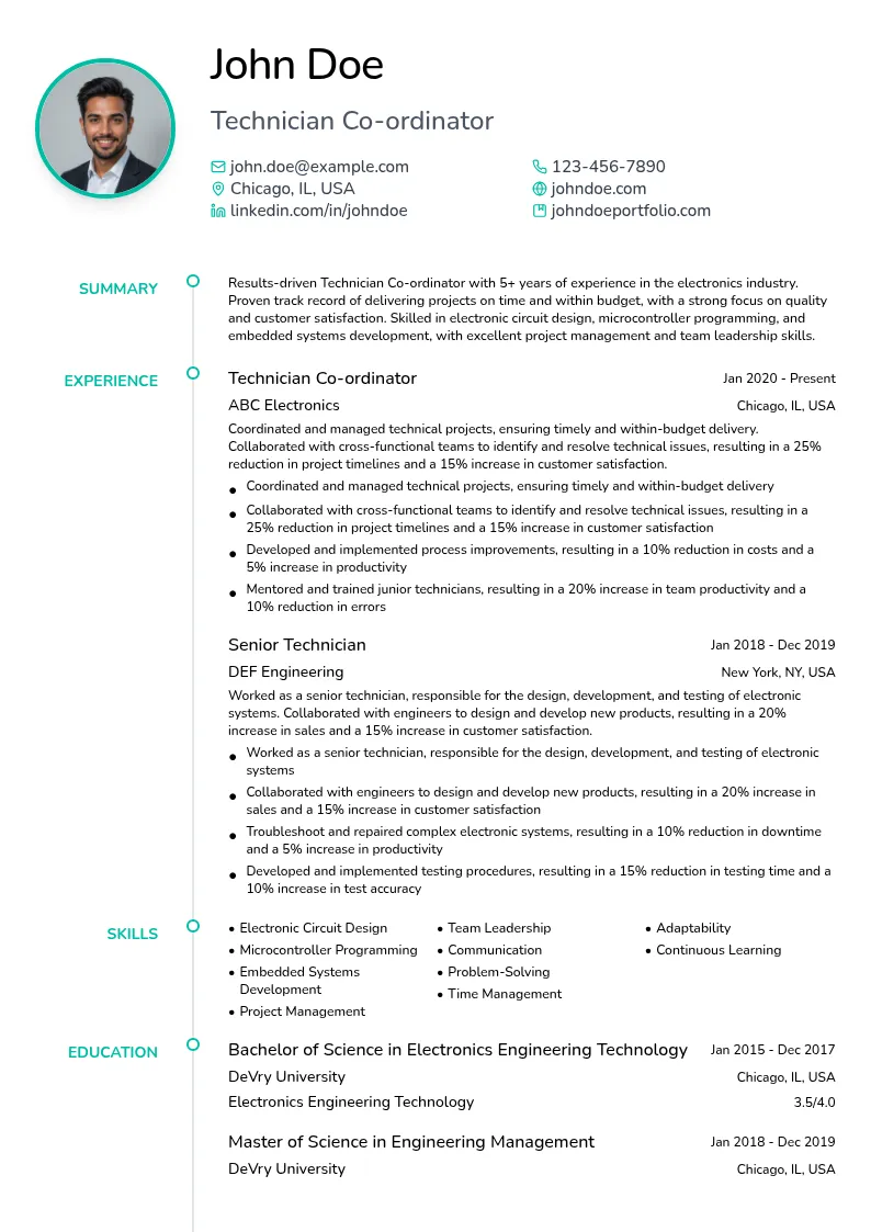 Technician Co-ordinator resume example