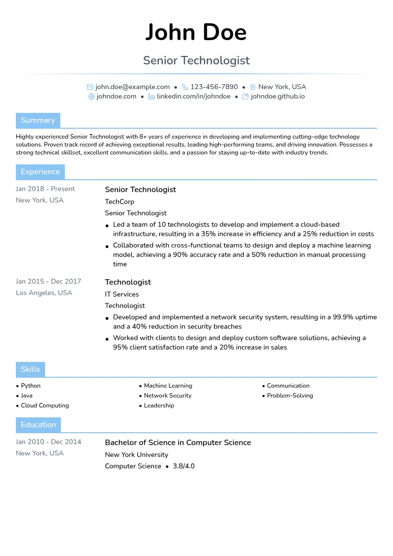 Senior Technologist resume example