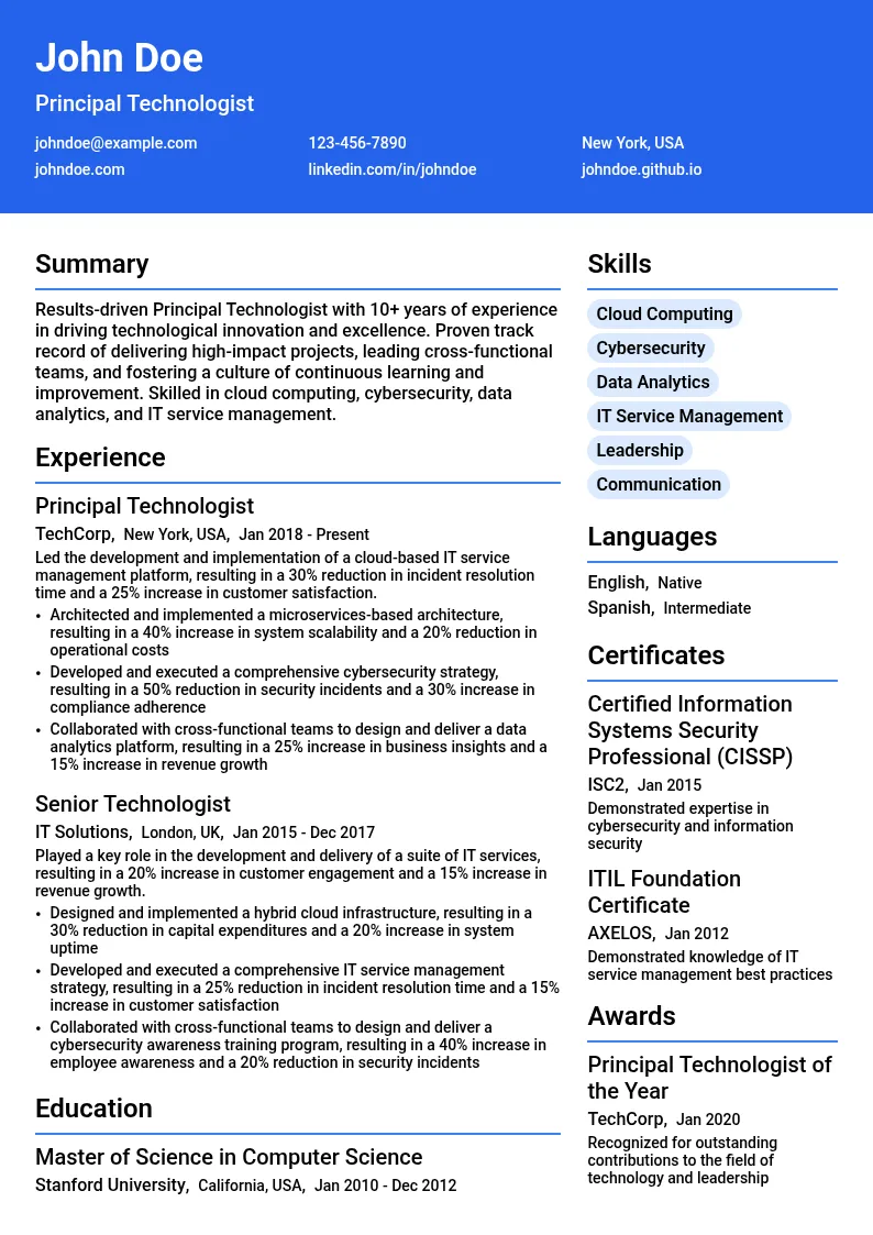 Principal Technologist resume example