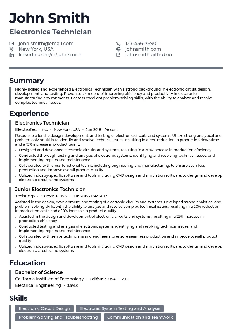 Electronics Technician resume example