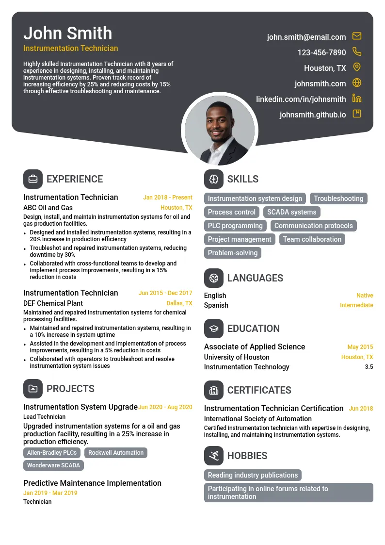 Instrumentation Technician resume example