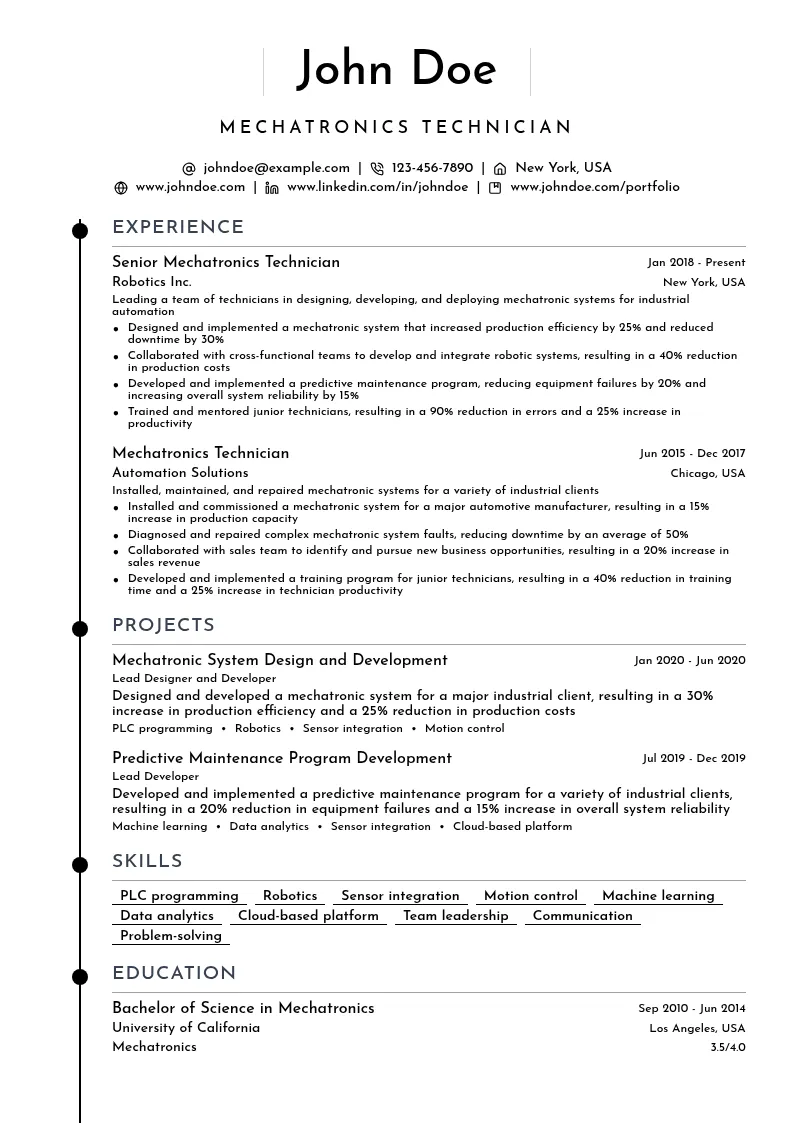 Mechatronics Technician resume example