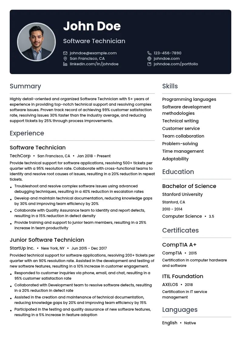 Software Technician resume example