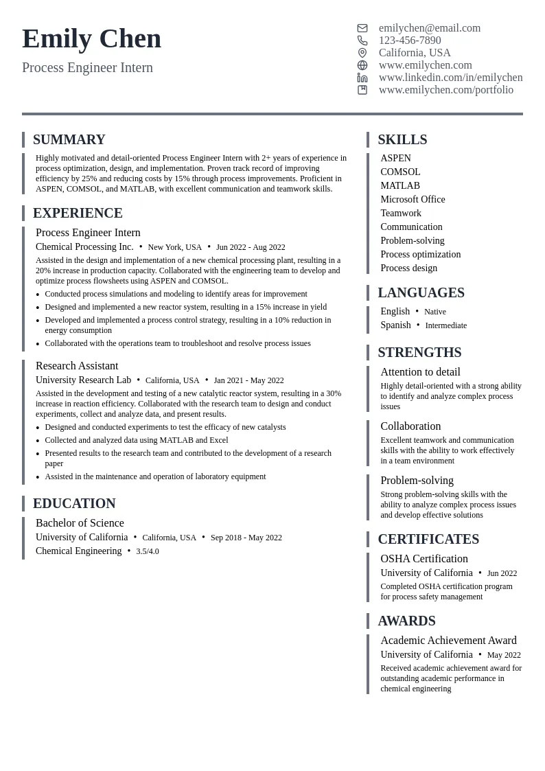 Process Engineer Intern resume example