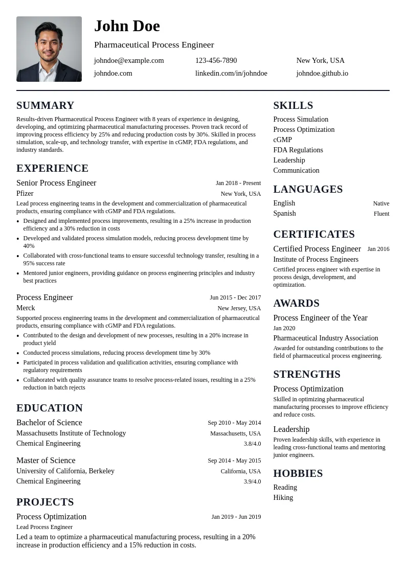 Pharmaceutical Process Engineer resume example