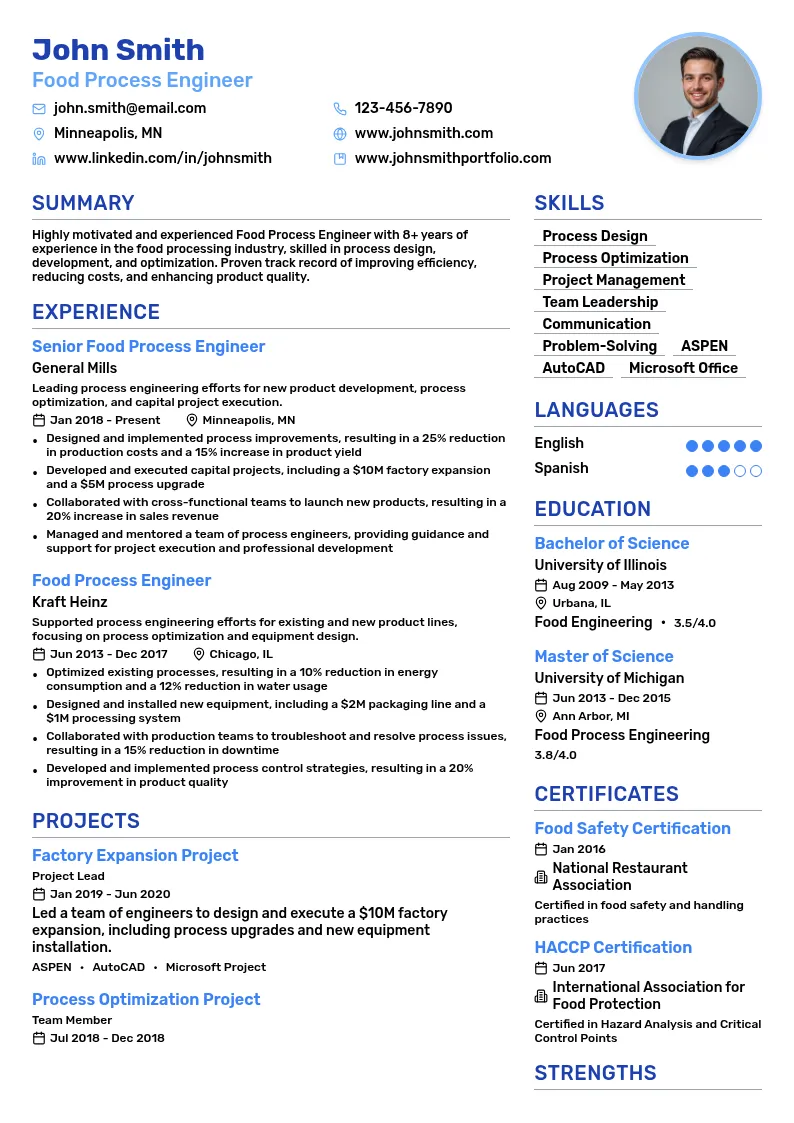 Food Process Engineer resume example