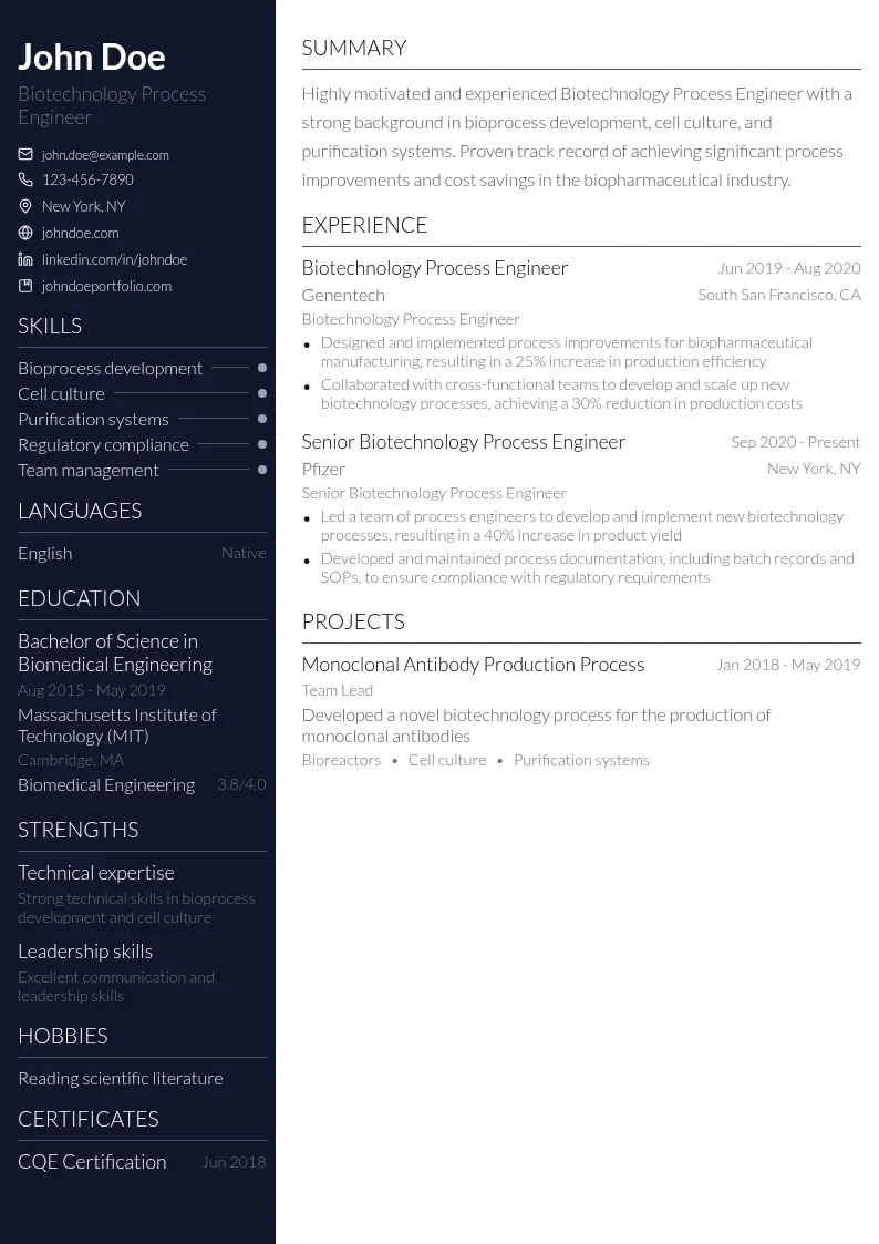 Biotechnology Process Engineer resume example