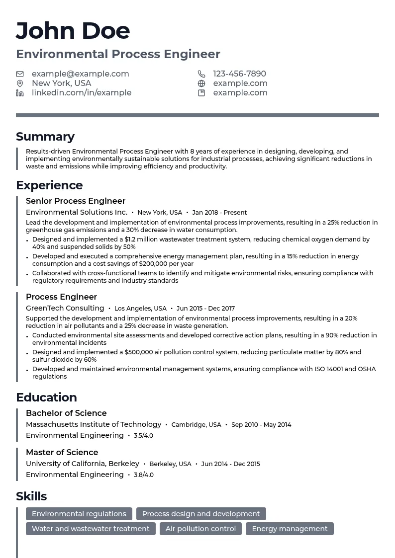 Environmental Process Engineer resume example
