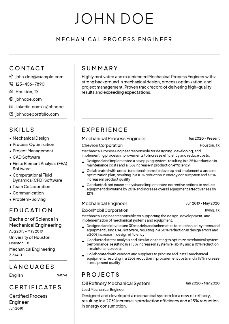 Mechanical Process Engineer resume example