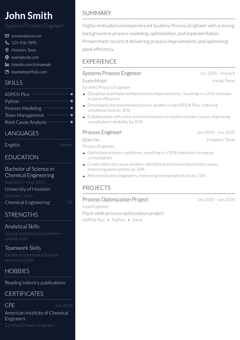 Systems Process Engineer resume example