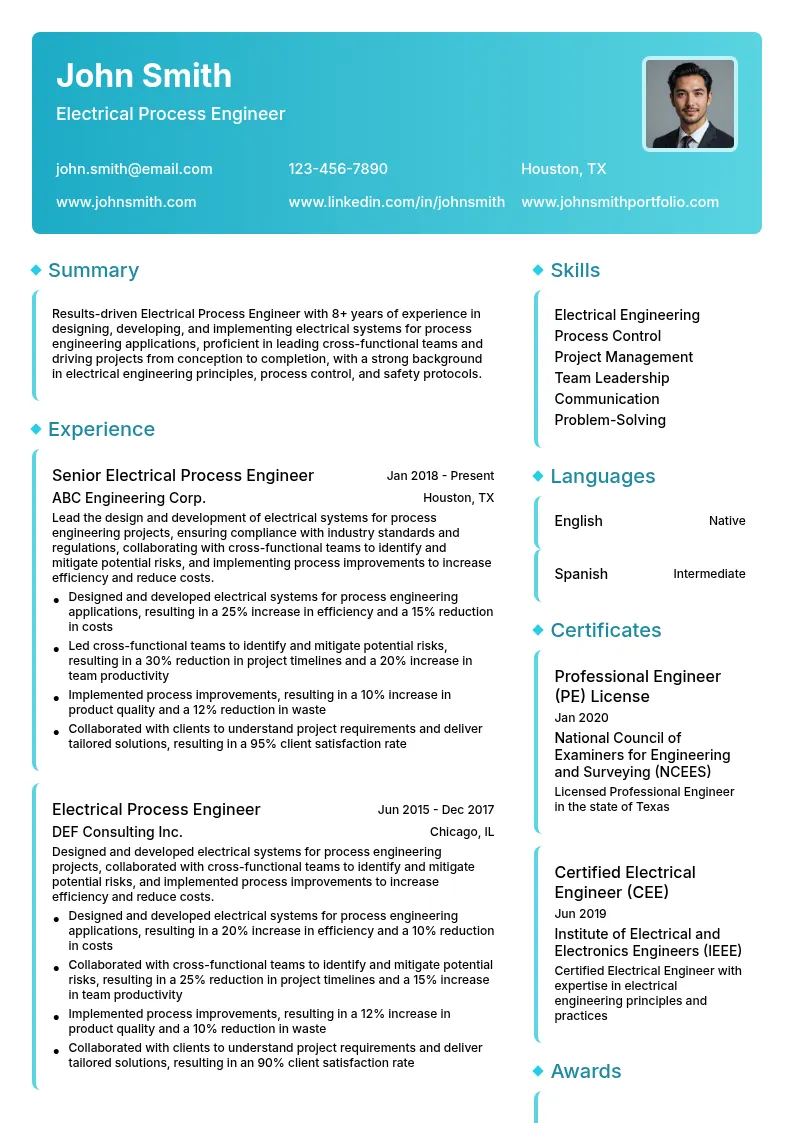 Electrical Process Engineer resume example