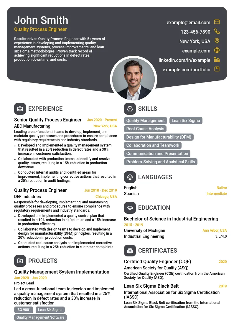 Quality Process Engineer resume example