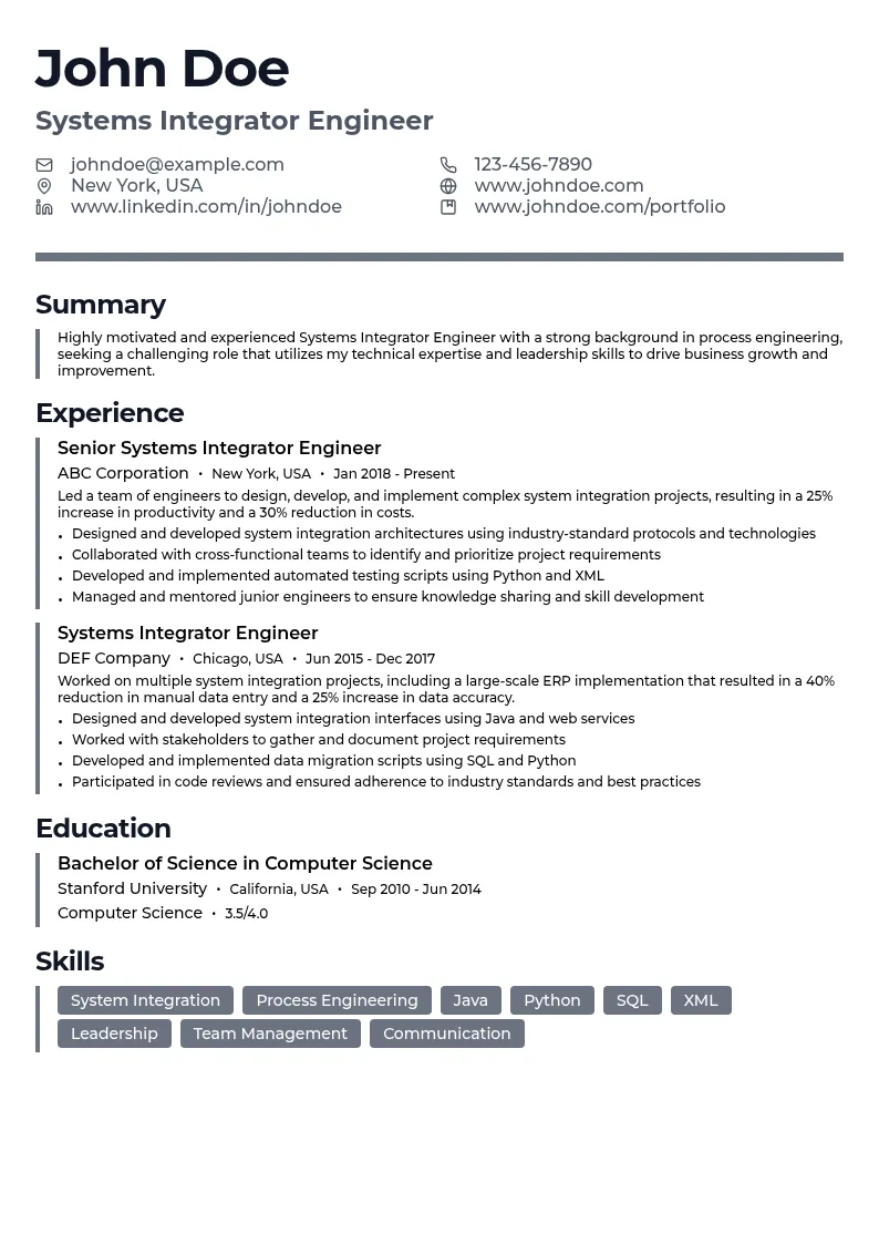 Systems Integrator Engineer resume example