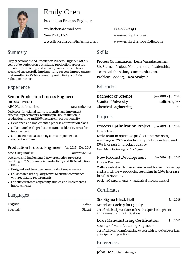 Production Process Engineer resume example