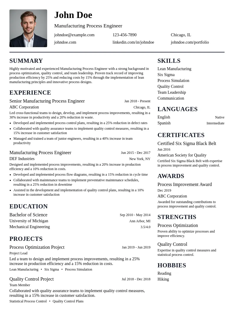 Manufacturing Process Engineer resume example