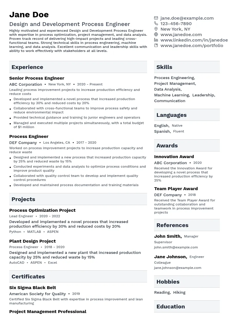 Design and Development Process Engineer resume example