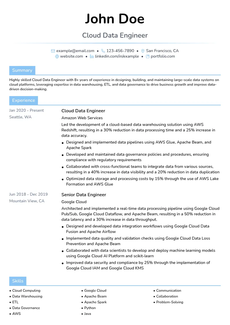 Cloud Data Engineer resume example