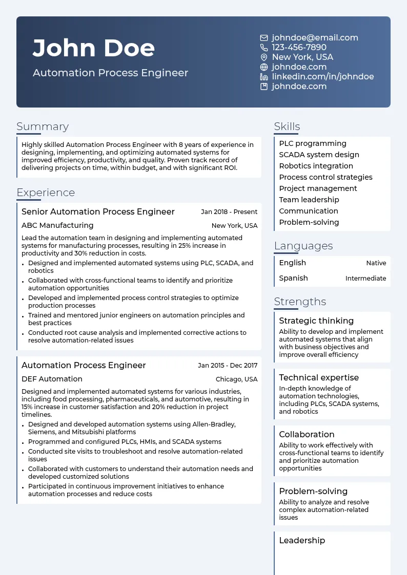 Automation Process Engineer resume example