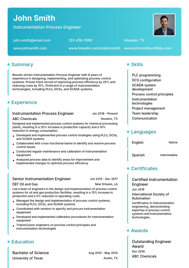 Instrumentation Process Engineer resume example