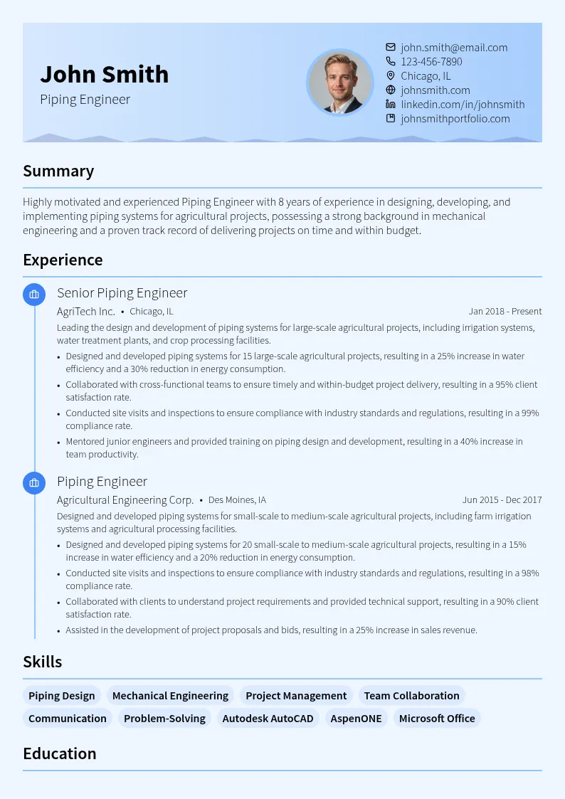 Piping Engineer resume example