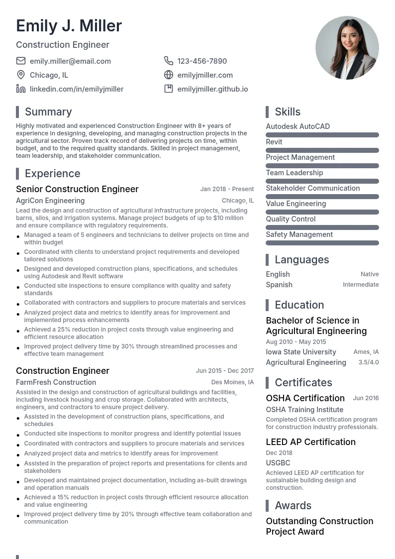 Construction Engineer resume example