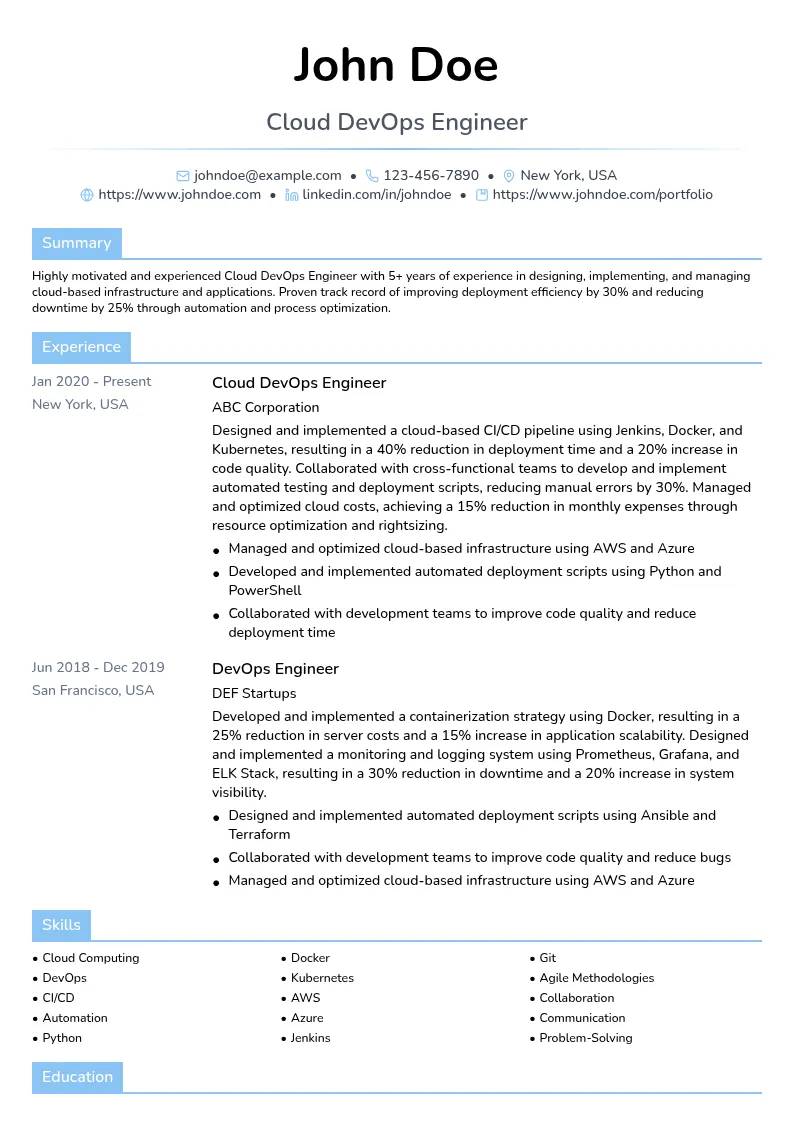 Cloud DevOps Engineer resume example